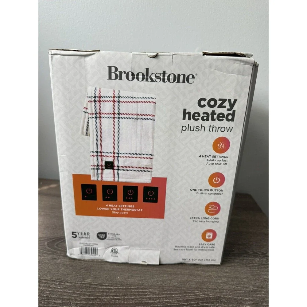 Brookstone Cozy Heated Plush Throw w/ Controller, 4 Heat, Auto Off, 50x60 Plaid